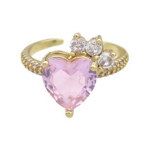 Copper Ring Pave Zircon Pink Crystal Heart Gold Plated, approx 10mm, 18mm dia [FN33801]