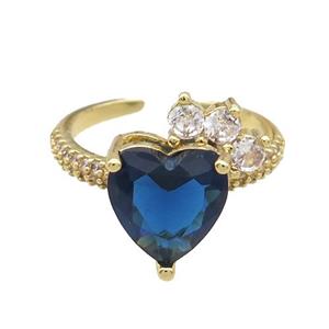 Copper Ring Pave Zircon Blue Crystal Heart Gold Plated, approx 10mm, 18mm dia [FN33802]