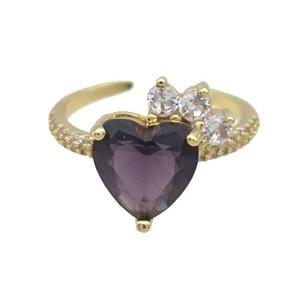 Copper Ring Pave Zircon Purple Crystal Heart Gold Plated, approx 10mm, 18mm dia [FN33803]