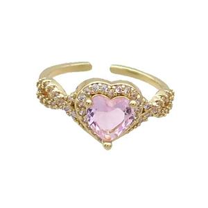 Copper Ring Pave Zircon Pink Crystal Heart Gold Plated, approx 10mm, 18mm dia [FN33806]