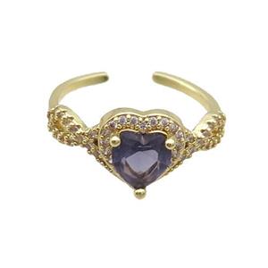 Copper Ring Pave Zircon Purple Crystal Heart Gold Plated, approx 10mm, 18mm dia [FN33809]