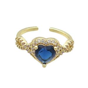 Copper Ring Pave Zircon Blue Crystal Heart Gold Plated, approx 10mm, 18mm dia [FN33810]