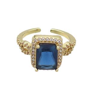 Copper Ring Pave Zircon Blue Crystal Rectangle Gold Plated, approx 10-12mm, 18mm dia [FN33821]