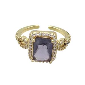 Copper Ring Pave Zircon Purple Crystal Rectangle Gold Plated, approx 10-12mm, 18mm dia [FN33823]