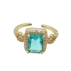Copper Ring Pave Zircon Green Crystal Rectangle Gold Plated, approx 10-12mm, 18mm dia [FN33824]