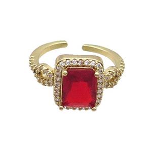 Copper Ring Pave Zircon Red Crystal Rectangle Gold Plated, approx 10-12mm, 18mm dia [FN33825]