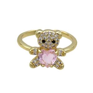 Copper Ring Pave Zircon Pink Crystal Bear Gold Plated, approx 12-13mm, 18mm dia [FN33847]