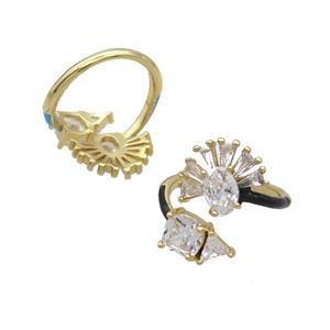 Copper Ring Pave Zircon Clear Crystal Black Enamel Gold Plated, approx 6-11mm, 14mm, 18mm dia [FN33851]