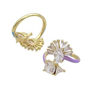Copper Ring Pave Zircon Clear Crystal Lavender Enamel Gold Plated, approx 6-11mm, 14mm, 18mm dia [FN33853]