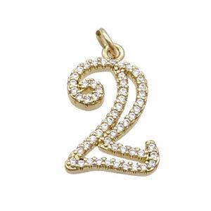Copper Number-2 Pendant Pave Zircon Gold Plated, approx 14-18mm [FN33861]