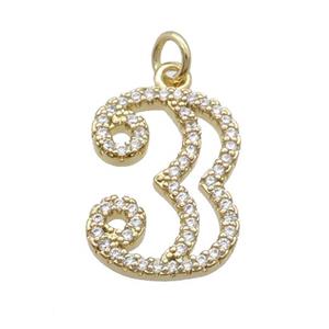Copper Number-3 Pendant Pave Zircon Gold Plated, approx 14-18mm [FN33862]