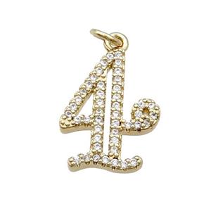 Copper Number-4 Pendant Pave Zircon Gold Plated, approx 14-18mm [FN33863]