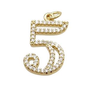 Copper Number-5 Pendant Pave Zircon Gold Plated, approx 14-18mm [FN33864]