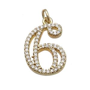 Copper Number-6 Pendant Pave Zircon Gold Plated, approx 14-18mm [FN33865]