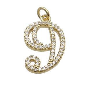 Copper Number-9 Pendant Pave Zircon Gold Plated, approx 14-18mm [FN33868]