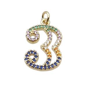 Copper Number-3 Pendant Pave Zircon Gold Plated, approx 14-18mm [FN33873]