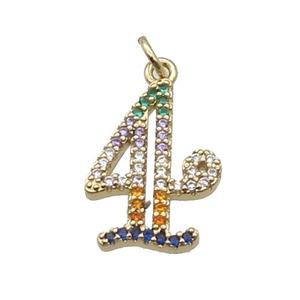 Copper Number-4 Pendant Pave Zircon Gold Plated, approx 14-18mm [FN33874]