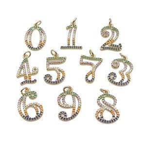 Copper Number Pendant Pave Zircon Gold Plated Mixed, approx 14-18mm [FN33880]