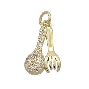 Copper Spoon Fork Charm Pendant Pave Zircon Gold Plated, approx 10-15mm [FN33883]