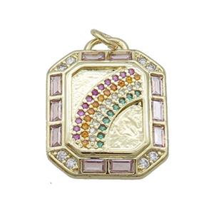 Copper Lucky Rainbow Pendant Pave Zircon Rectangle Gold Plated, approx 18-20mm [FN33896]