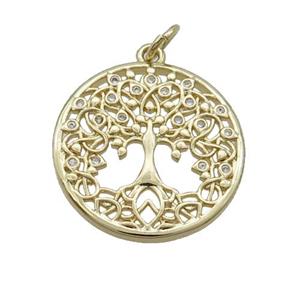 Copper Tree Of Life Pendant Charm Pave Zircon Gold Plated, approx 20mm [FN33898]