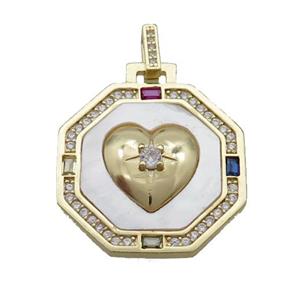 Copper Octagon Heart Pendant Pave Zircon Shell Gold Plated, approx 27mm [FN33907]