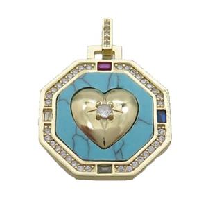 Copper Octagon Heart Pendant Pave Zircon Turquoise Gold Plated, approx 27mm [FN33908]