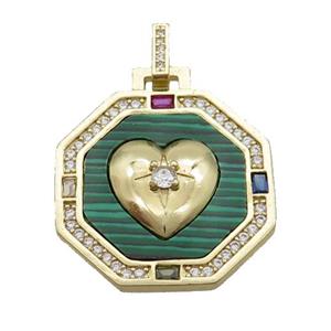 Copper Octagon Heart Pendant Pave Zircon Malachite Gold Plated, approx 27mm [FN33909]