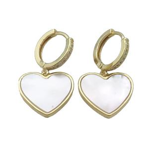 Copper Hoop Earring Pave Zircon White Shell Heart Gold Plated, approx 16mm, 14mm dia [FN33912]