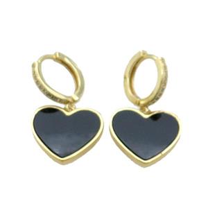Copper Hoop Earring Pave Zircon Black Agate Heart Gold Plated, approx 16mm, 14mm dia [FN33913]