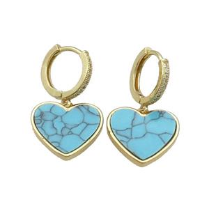 Copper Hoop Earring Pave Zircon Blue Turquise Heart Gold Plated, approx 16mm, 14mm dia [FN33915]