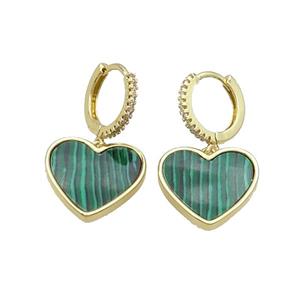 Copper Hoop Earring Pave Zircon Green Malachite Heart Gold Plated, approx 16mm, 14mm dia [FN33916]