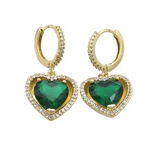Copper Hoop Earring Pave Green Crystal Heart Gold Plated, approx 15mm, 14mm dia [FN33918]