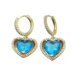 Copper Hoop Earring Pave Aqua Crystal Heart Gold Plated, approx 15mm, 14mm dia [FN33920]