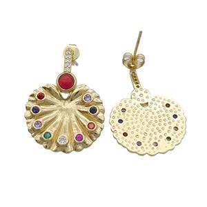 Copper Stud Earring Pave Zircon Peacock Screen Circle Gold Plated, approx 20mm [FN33934]
