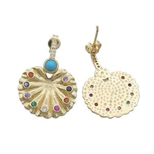 Copper Stud Earring Pave Zircon Peacock Screen Circle Gold Plated, approx 20mm [FN33935]