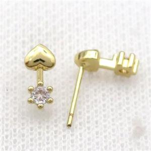 Copper Stud Earring Pave Zircon Cupid Heart Gold Plated, approx 5-11mm [FN33940]