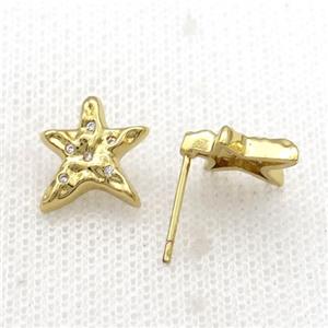Copper Stud Earring Star Pave Zircon Gold Plated, approx 11-12mm [FN33944]