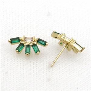 Copper Stud Earring Pave Green Zircon Gold Plated, approx 8.5-17mm [FN33951]