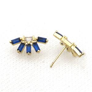 Copper Stud Earring Pave Blue Zircon Gold Plated, approx 8.5-17mm [FN33953]