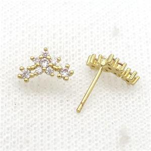 Copper Stud Earring Pave Zircon Crown Gold Plated, approx 7-12mm [FN33956]