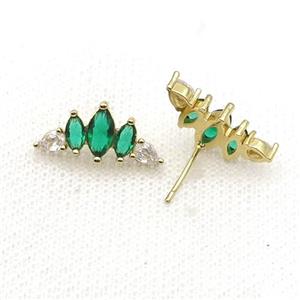 Copper Stud Earring Pave Green Zircon Crown Gold Plated, approx 9.5-19mm [FN33962]