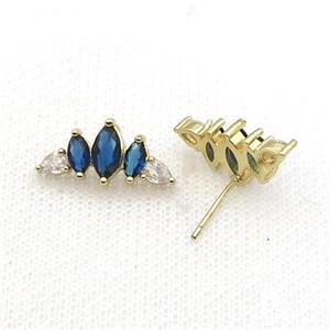 Copper Stud Earring Pave Blue Zircon Crown Gold Plated, approx 9.5-19mm [FN33964]