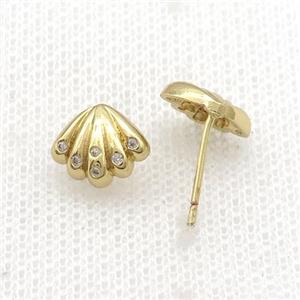 Copper Stud Earring Pave Zircon Conch Gold Plated, approx 10mm [FN33965]