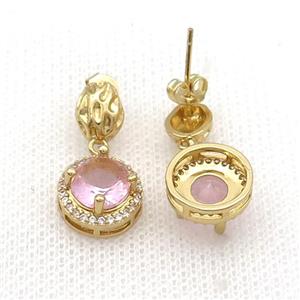Copper Stud Earring Pave Zircon Pink Crystal Gold Plated, approx 12mm, 7-9mm [FN33970]