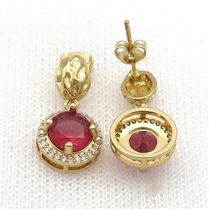 Copper Stud Earring Pave Zircon Red Crystal Gold Plated, approx 12mm, 7-9mm [FN33972]