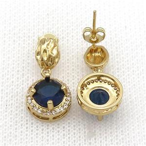 Copper Stud Earring Pave Zircon Blue Crystal Gold Plated, approx 12mm, 7-9mm [FN33973]