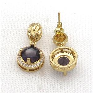 Copper Stud Earring Pave Zircon Purple Crystal Gold Plated, approx 12mm, 7-9mm [FN33974]
