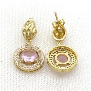 Copper Stud Earring Pave Zircon Pink Crystal Gold Plated, approx 14mm, 7-9mm [FN33975]