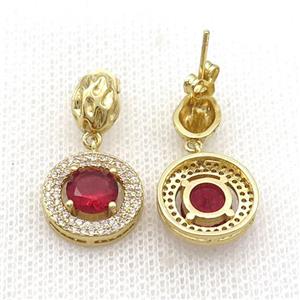 Copper Stud Earring Pave Zircon Red Crystal Gold Plated, approx 14mm, 7-9mm [FN33976]